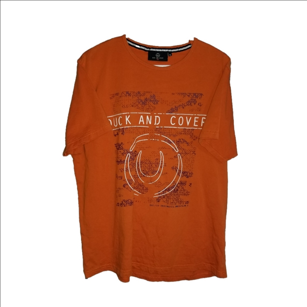 Duck And Cover Orange Short Sleeve TShirt Front Logo Graphic Label Reads Size XL